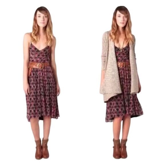 Free People Red Black Leaf Pattern Chiffon Spaghetti Strap Sun Dress - Picture 2 of 10